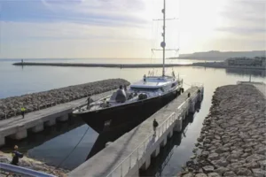 travelift dock and sailing yacht at Port Denia Shipyard